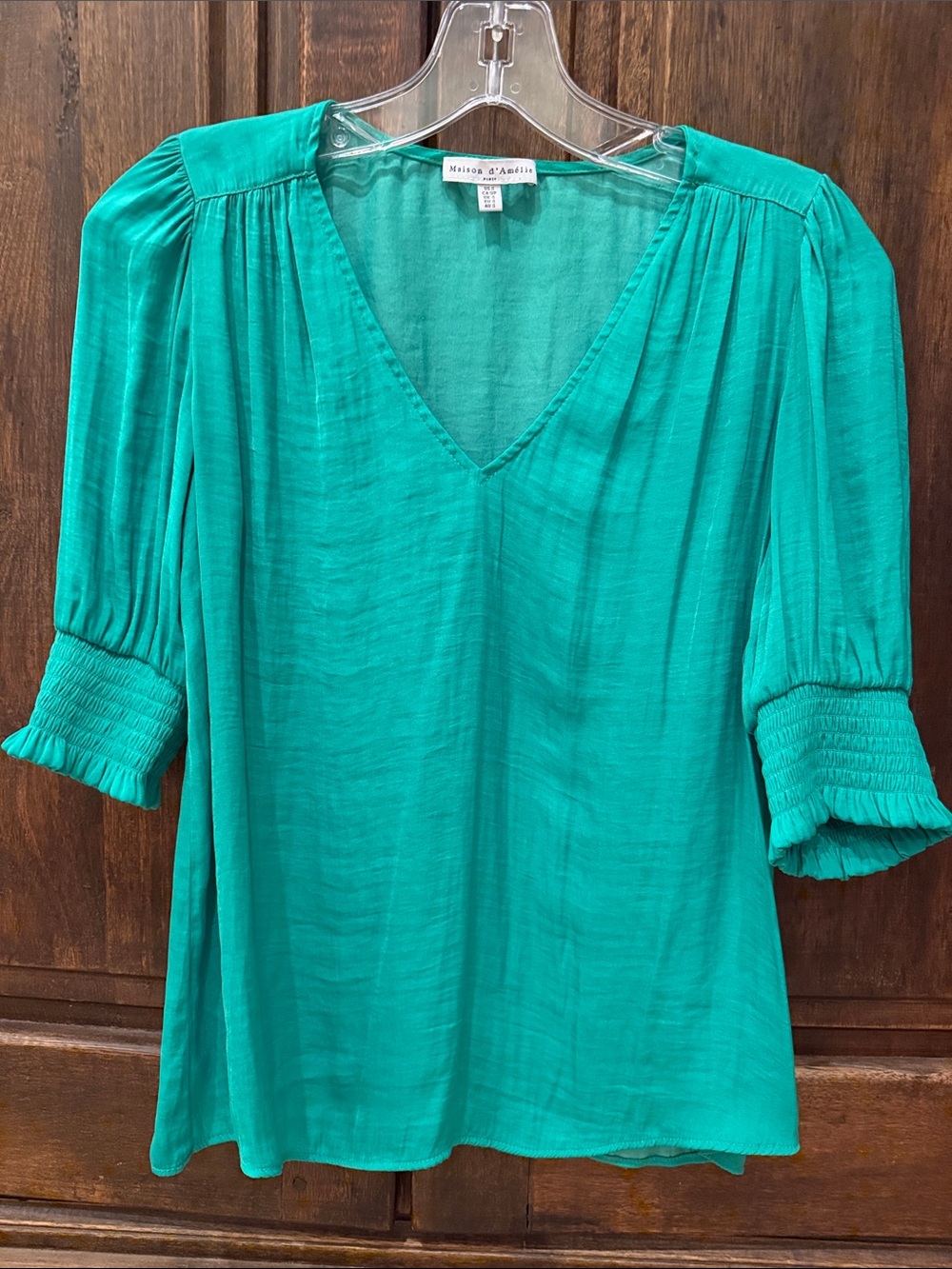 Maison d’Angele Emerald V-Neck Smocked Sleeve Blouse Small